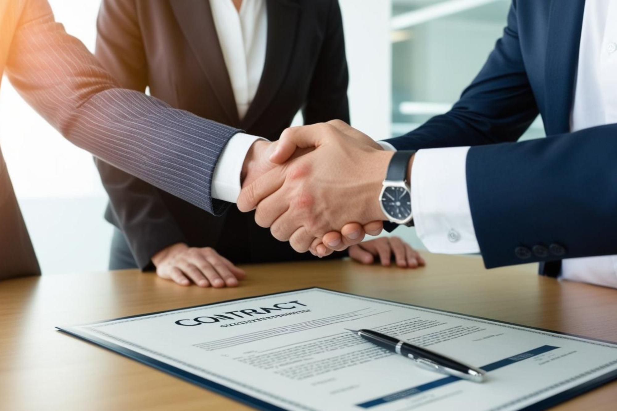 Business professionals shaking hands over a signed contract in NYC, representing successful real estate transactions for investors and landlords